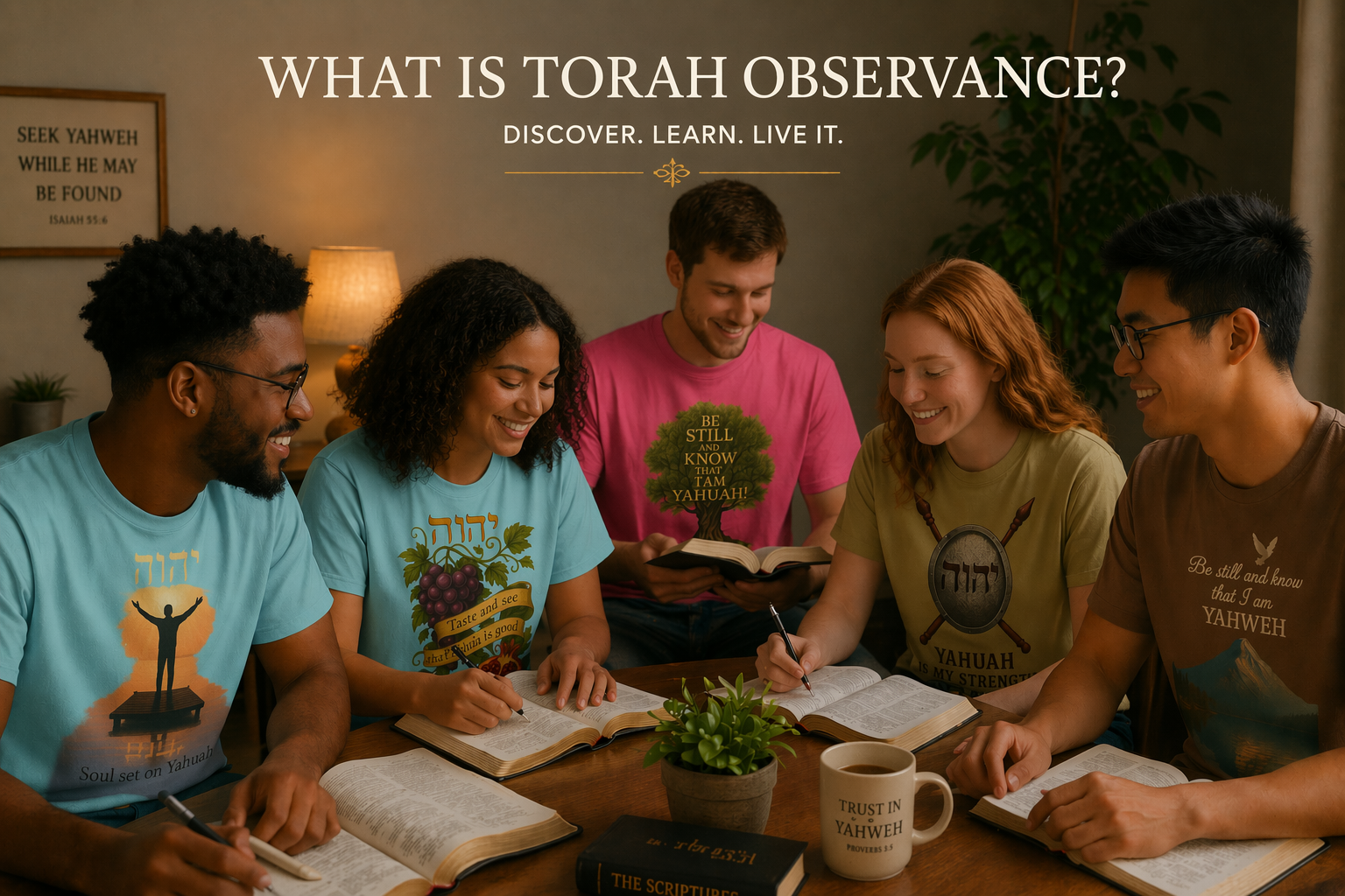 Torah observance Bible study group wearing faith-based shirts studying Scripture together indoors