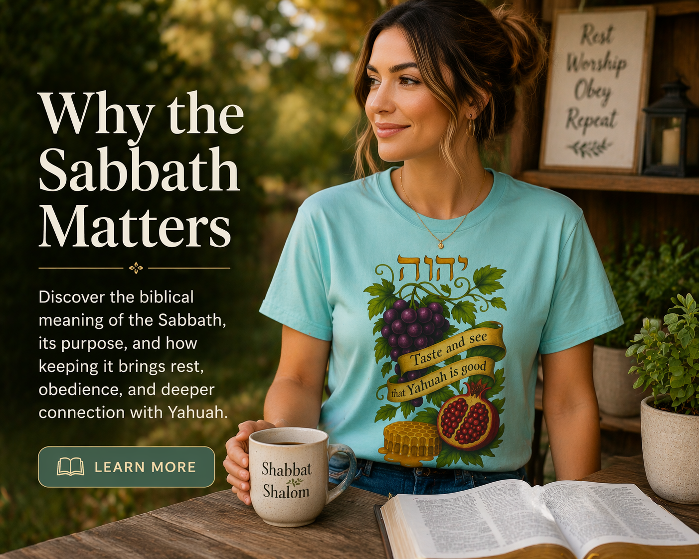 Why the Sabbath matters image showing woman wearing Scripture shirt reading Bible and enjoying Sabbath rest
