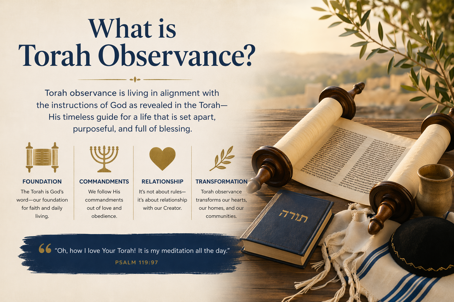 What is Torah observance infographic with Torah scroll, commandments, relationship with Elohim, and Psalm 119 scripture