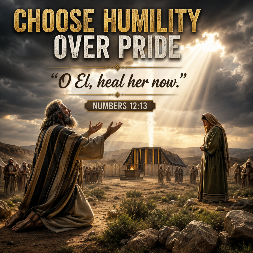 Moses praying for Miriam outside the camp under heavenly light during Torah portion Beha’alotcha, symbolizing humility, mercy, and restoration through Yahuah.
