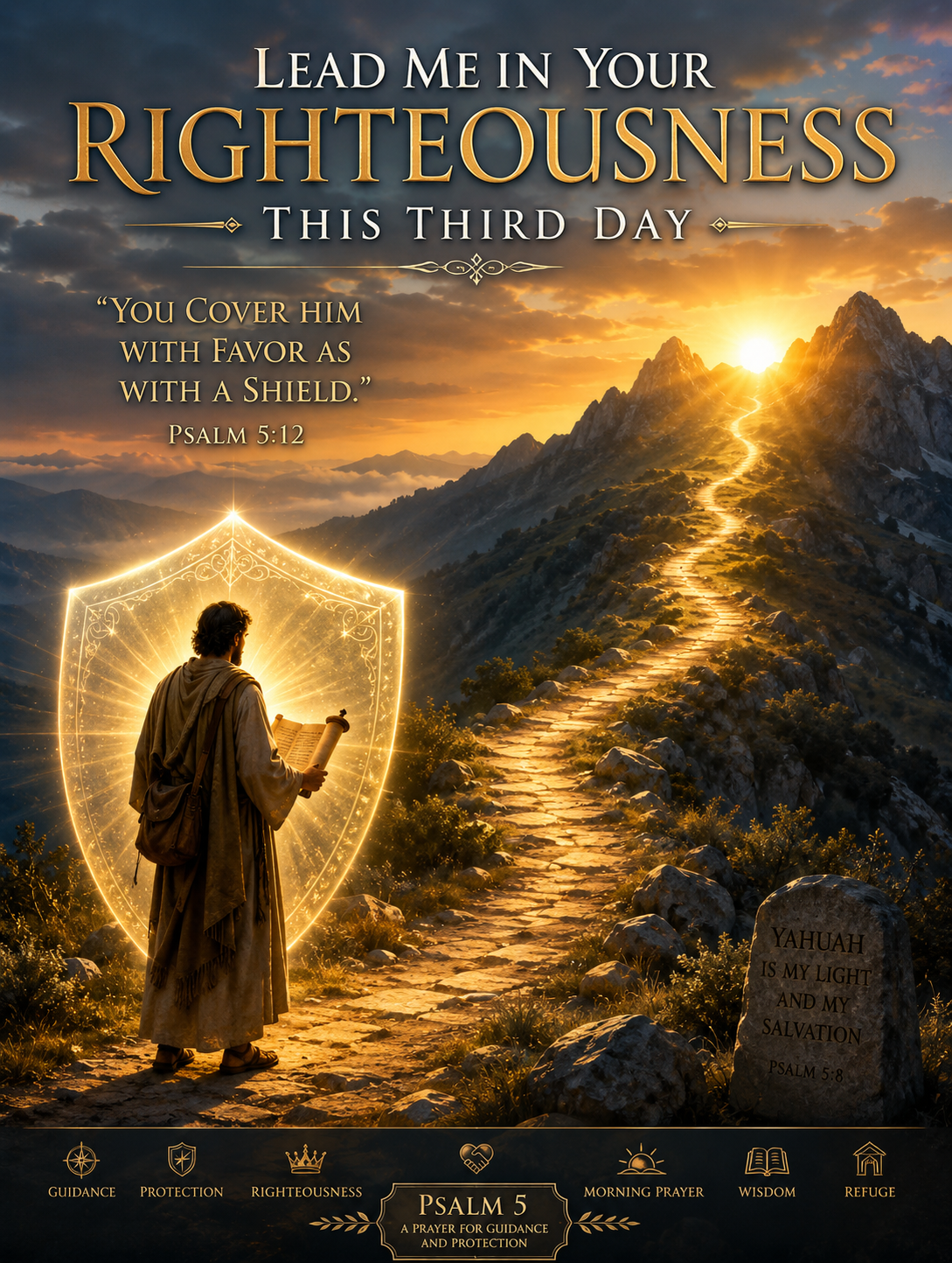 Third day Psalm 5 scripture image showing a traveler on a mountain path at sunrise surrounded by Yahuah’s shield of light symbolizing guidance, righteousness, and divine protection.