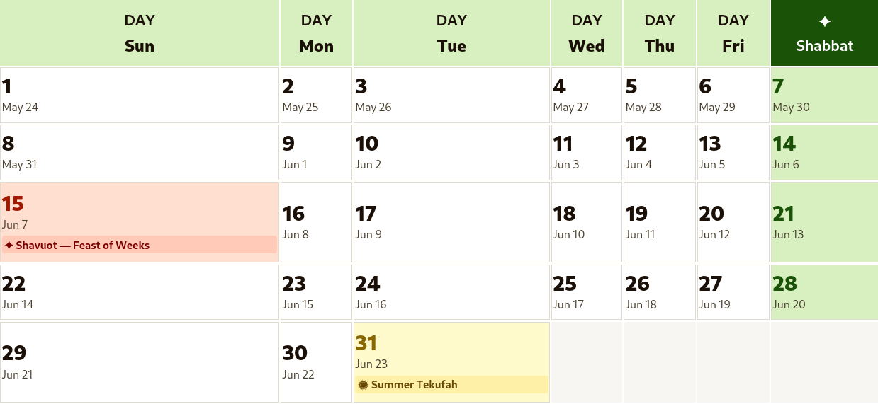 Sivan month calendar 2026 showing Hebrew calendar Month 3 with Shabbat highlighted and dates from May 24 - june 23