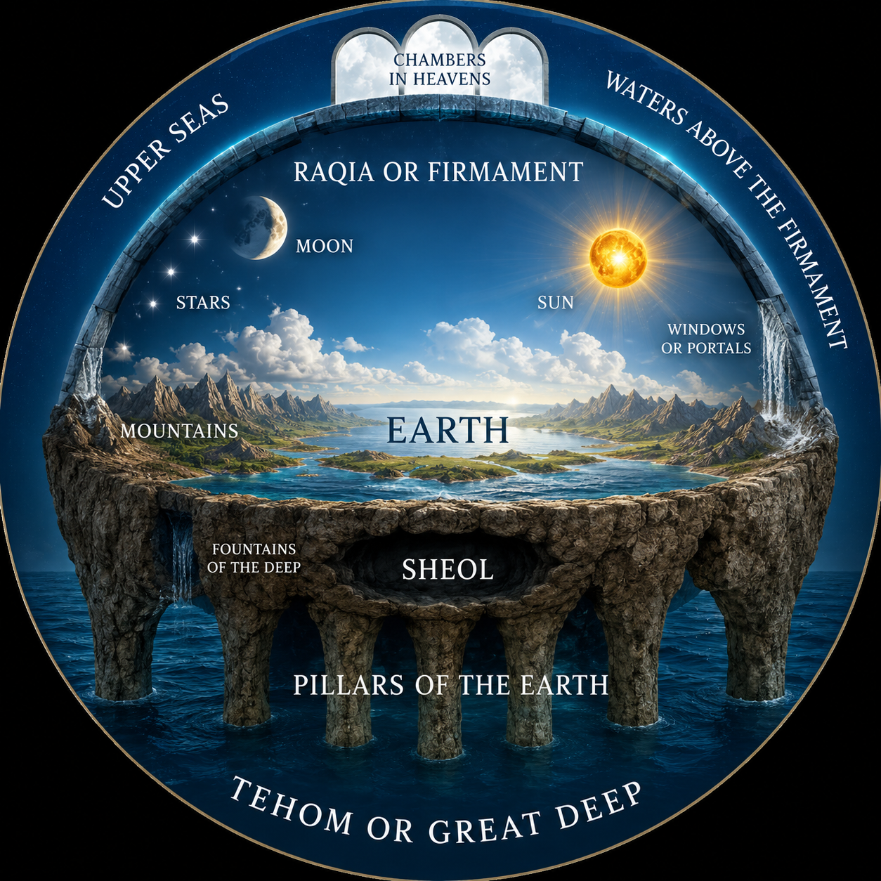 Hebrew cosmology firmament diagram showing earth beneath the raqia, sun, moon, stars, waters above, Sheol, pillars of the earth, and the great deep.
