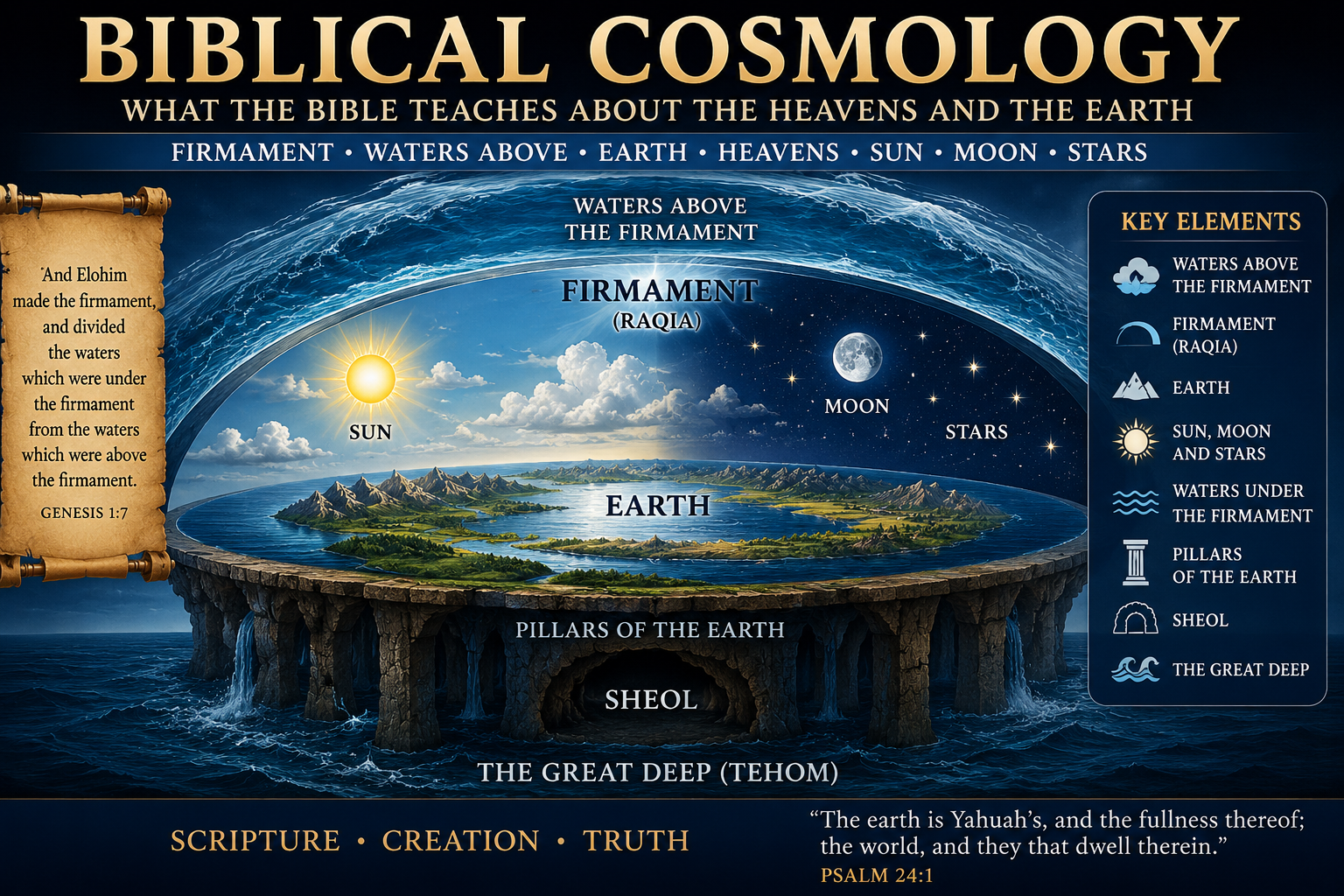 Biblical cosmology infographic showing the firmament, waters above, earth, sun, moon, stars, pillars of the earth, Sheol, and the great deep.