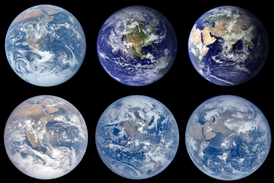 Blue Marble comparison image showing six full-disk views of earth from space with different continents, cloud patterns, oceans, and lighting.