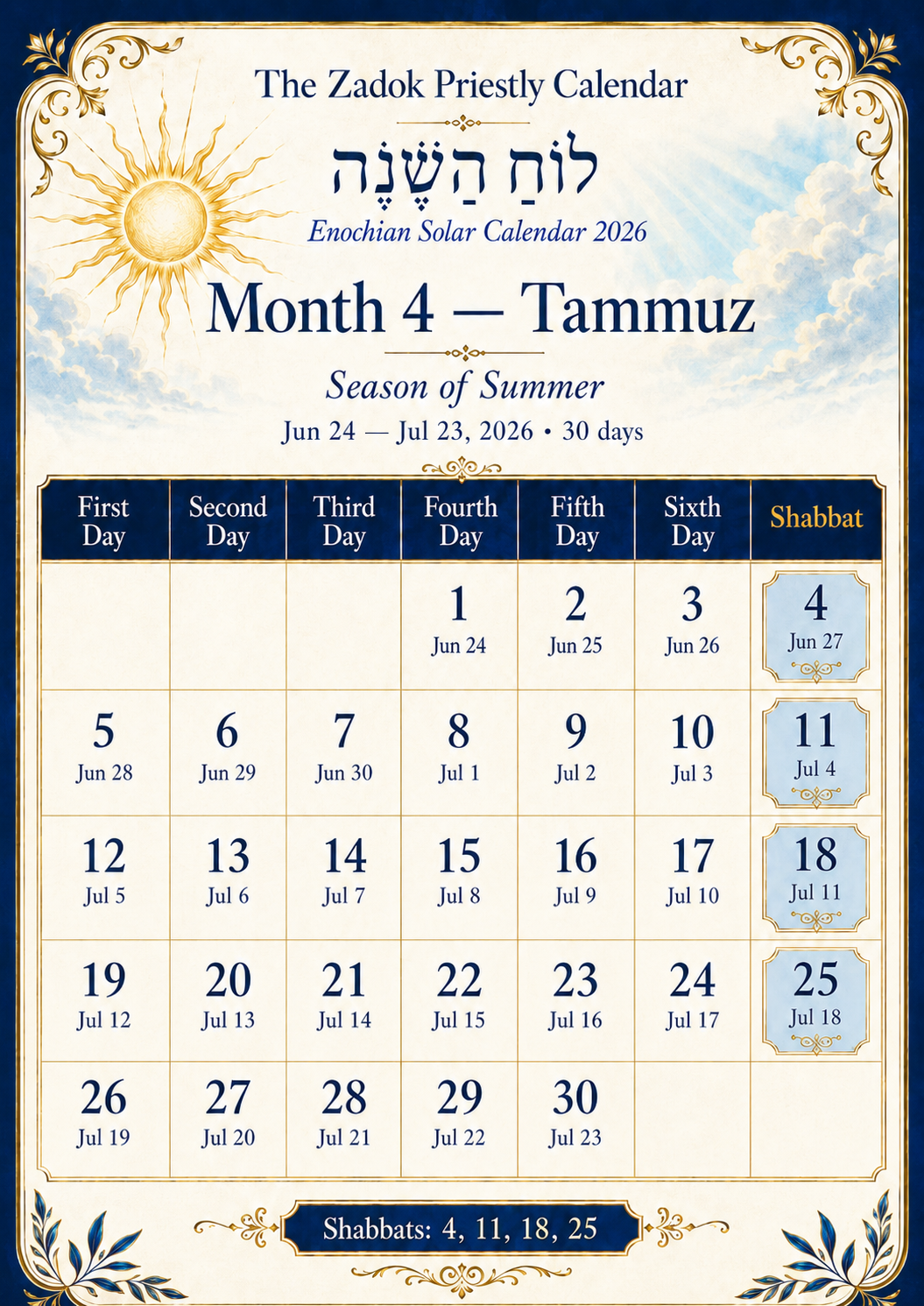 Zadok Priestly Enochian Solar Calendar 2026 Month 4 Tammuz summer calendar with First Day through Shabbat headings, June 24 to July 23 dates, blue and gold design, and highlighted Shabbats on days 4, 11, 18, and 25.