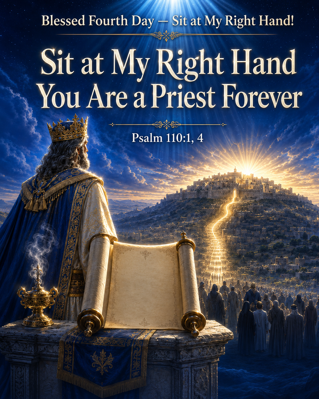 Majestic Psalm 110 devotional image for Fourth Day showing a royal priestly figure beside an open scroll, radiant heavenly light over Mount Zion, and a glowing path of righteousness, with the words “Sit at My Right Hand” and “You Are a Priest Forever.”