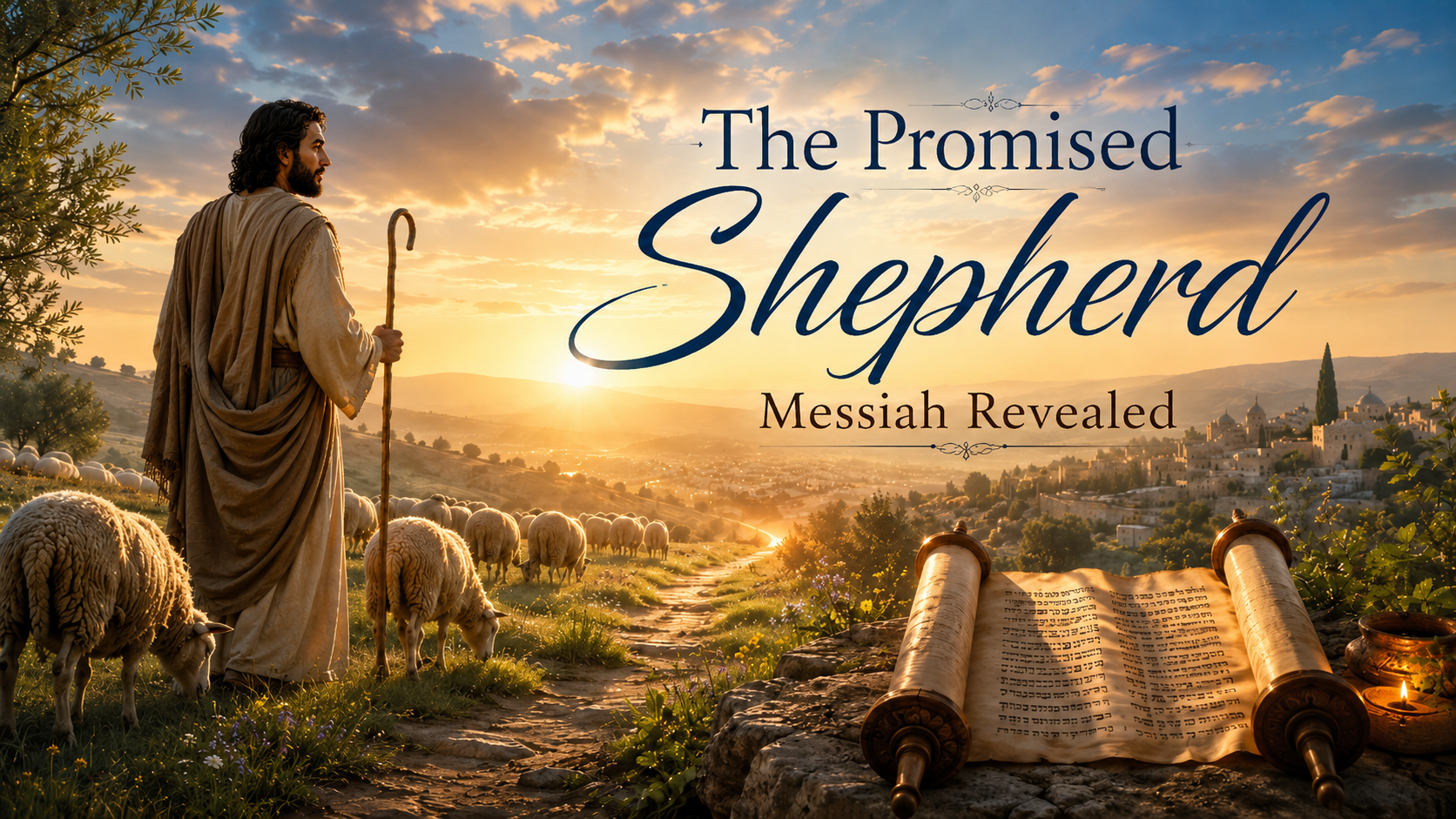 shepherd representing Yeshua standing with sheep at sunrise, holding a staff beside a path and open Scripture scroll, symbolizing the Promised Shepherd and Messiah revealed.