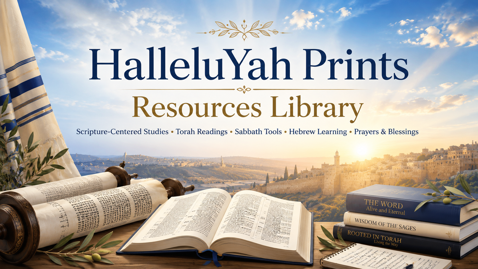 HalleluYah Prints Resources Library with Torah scroll, open Scripture, Hebrew study books, olive branches, and Jerusalem sunrise for Sabbath and Torah resources
