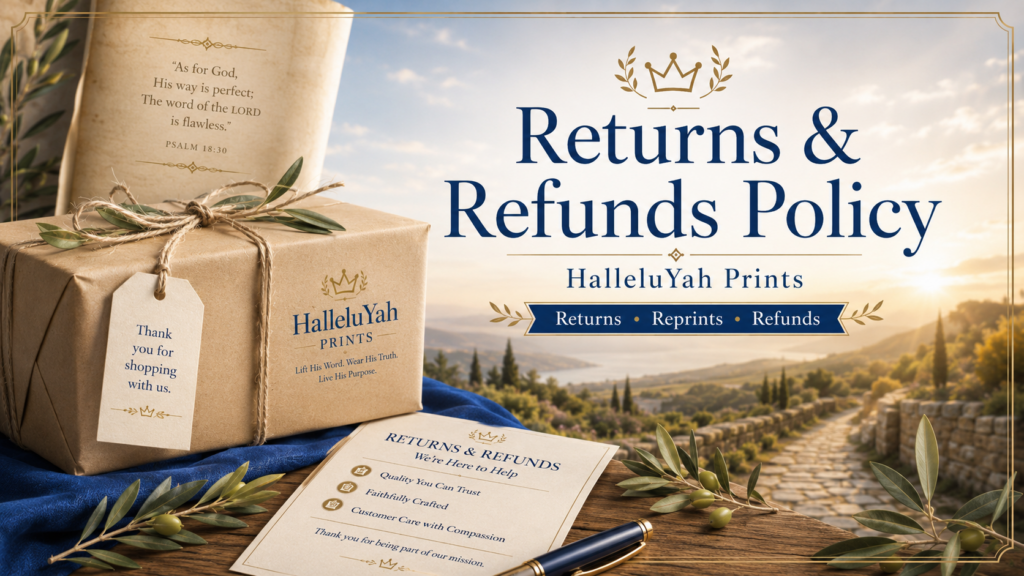 Returns & Refunds Policy page image for HalleluYah Prints with wrapped package, return form, olive branches, and faith-based customer care theme.