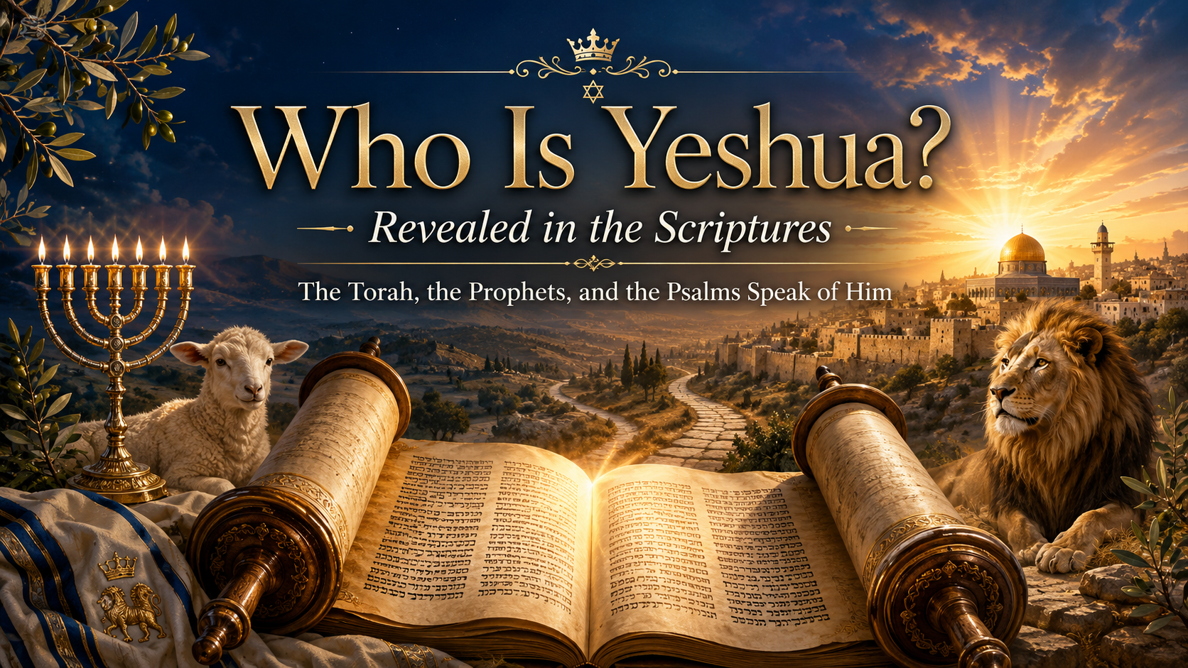Open Torah scroll glowing with golden light before a path to Jerusalem at sunrise, with a lamb, lion, menorah, and olive branches, showing Yeshua revealed through the Torah, Prophets, and Psalms.