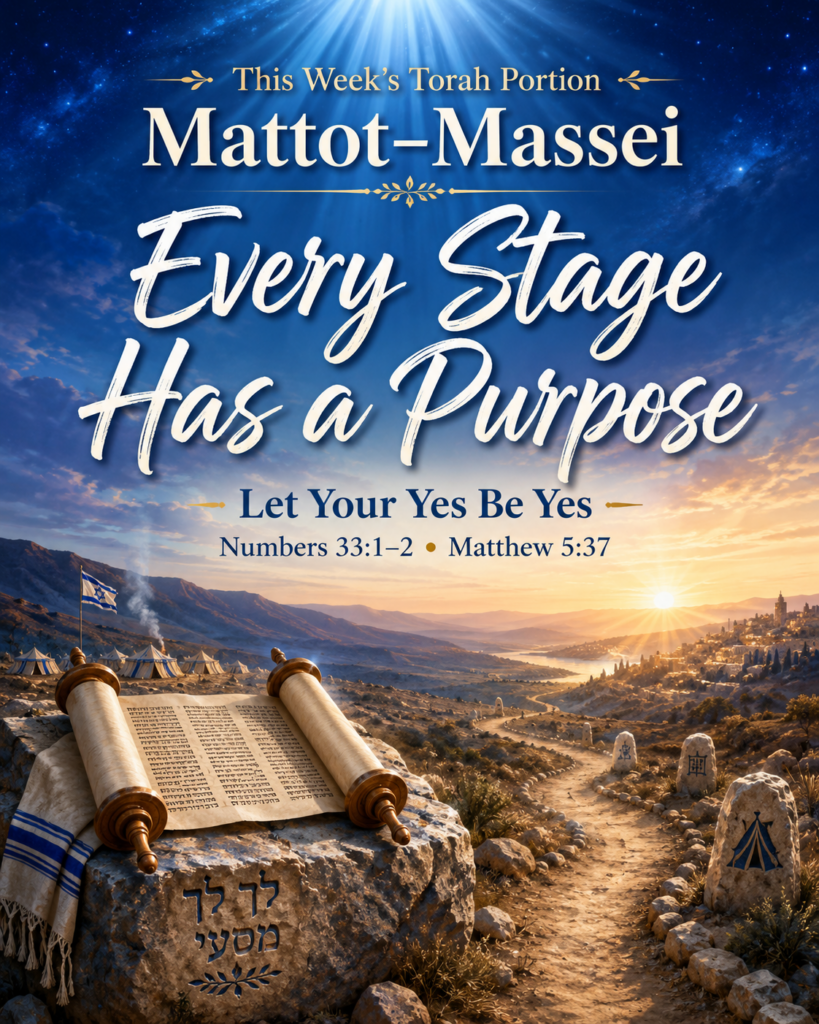 Torah Parashah Mattot Massei meme with open Torah scroll, blue wilderness journey, sunrise over the promised land, and text Every Stage Has a Purpose with Numbers 33:1–2 and Matthew 5:37.