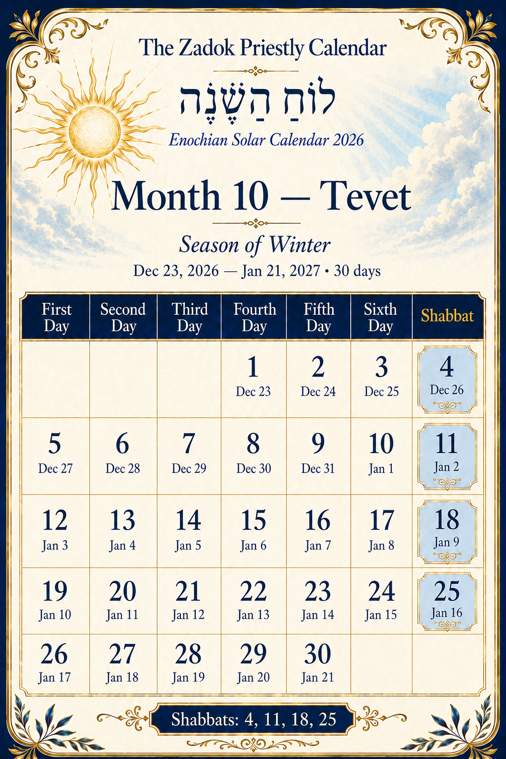 Enochian Solar Calendar 2026 Month 10 Tevet with Zadok dates, Gregorian dates, Shabbat dates, and winter calendar days