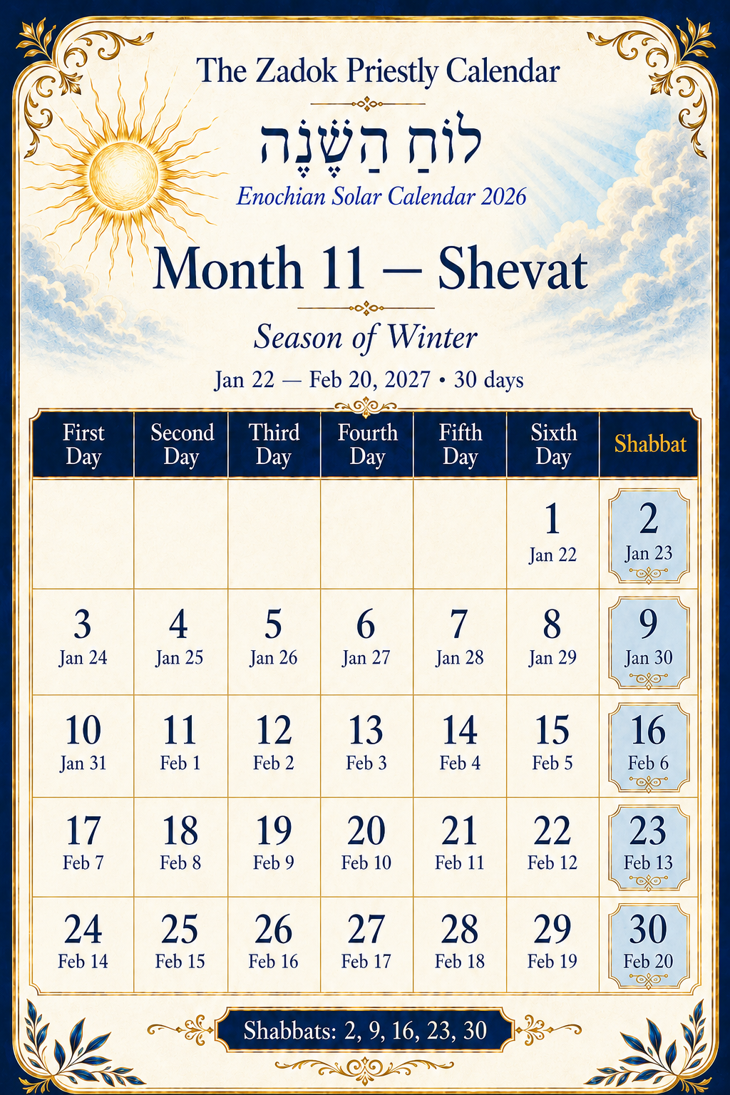 Enochian Solar Calendar 2026 Month 11 Shevat showing Zadok priestly calendar dates, Gregorian dates, and Shabbat schedule