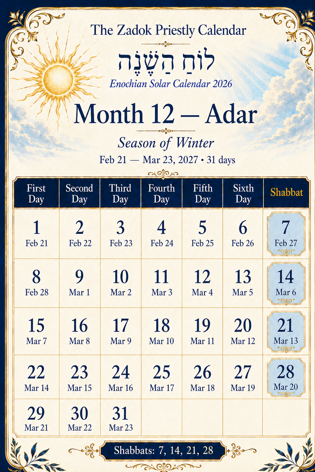 Enochian Solar Calendar 2026 Month 12 Adar with Zadok calendar days, Gregorian dates, Shabbat dates, and winter season