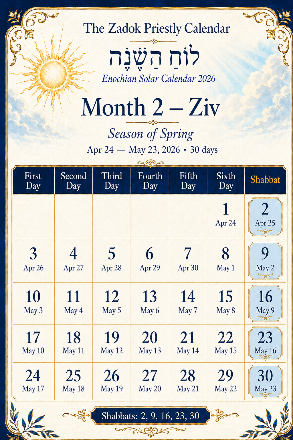 Enochian Solar Calendar 2026 Month 2 Ziv with Zadok priestly calendar dates, Gregorian dates, and Shabbat schedule