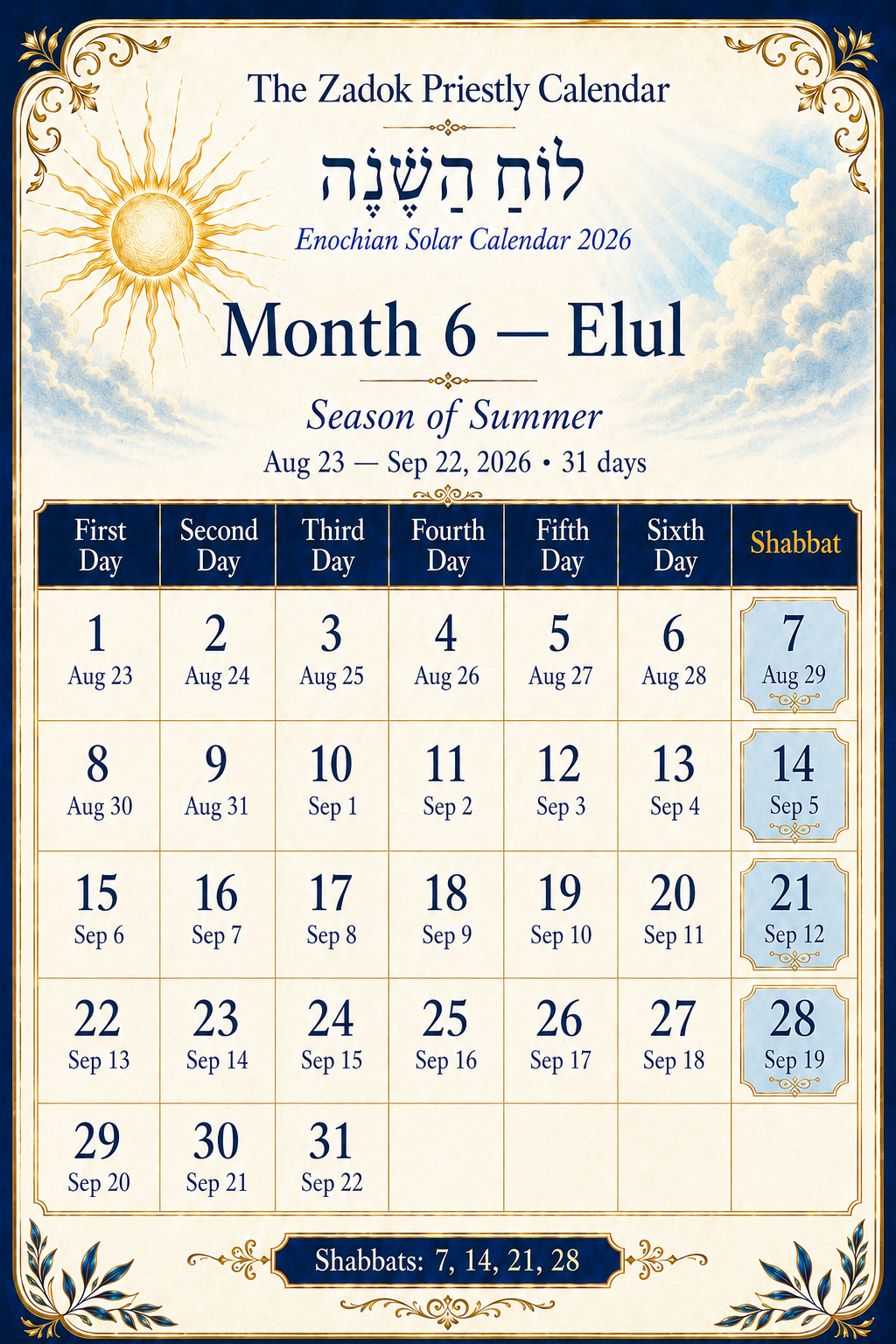 Enochian Solar Calendar 2026 Month 6 Elul with Zadok calendar days, Gregorian dates, Shabbat dates, and summer season
