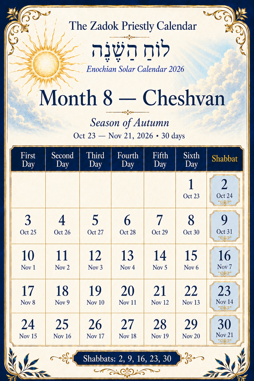 Enochian Solar Calendar 2026 Month 8 Cheshvan with Zadok priestly calendar dates, Gregorian dates, and Shabbat schedule