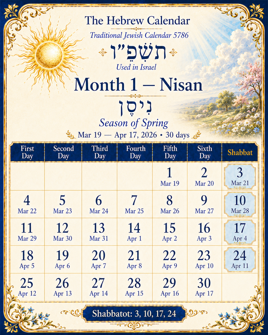 Hebrew Calendar 5786 Nisan monthly calendar used in Israel with Shabbat dates from March 19 to April 17, 2026