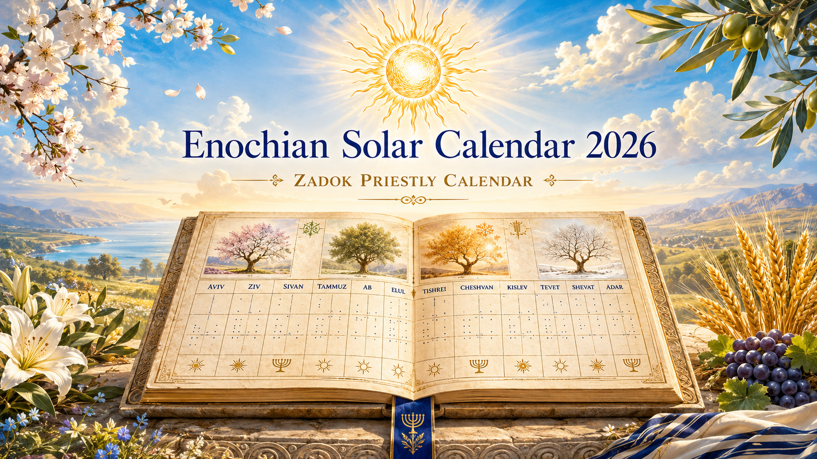 Enochian Solar Calendar 2026 featured image with Zadok priestly calendar, open calendar book, golden sun, blue sky, seasons, Shabbat rhythm, and appointed times