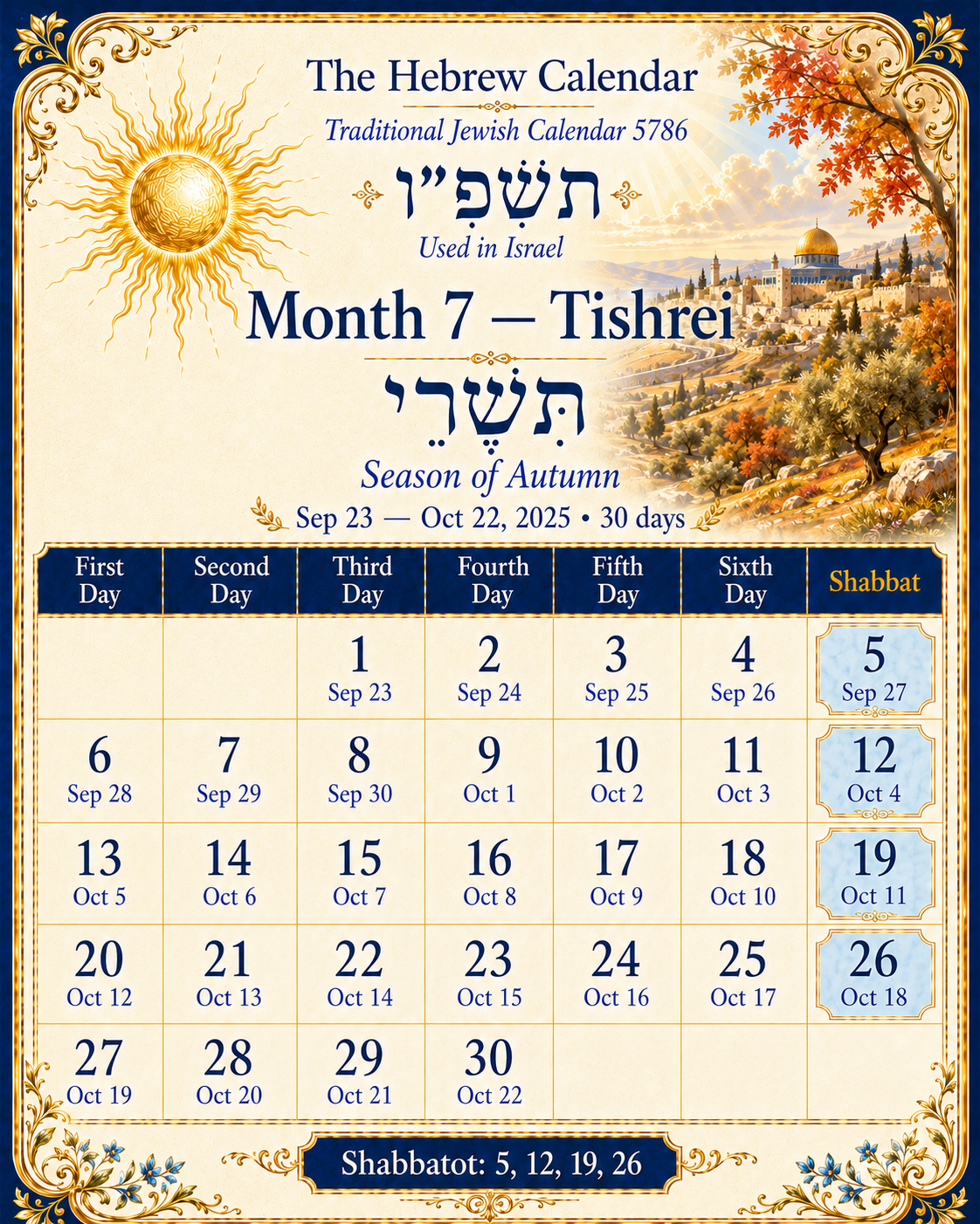 Hebrew Calendar 5786 Tishrei monthly calendar used in Israel with Shabbat dates from September 23 to October 22, 2025