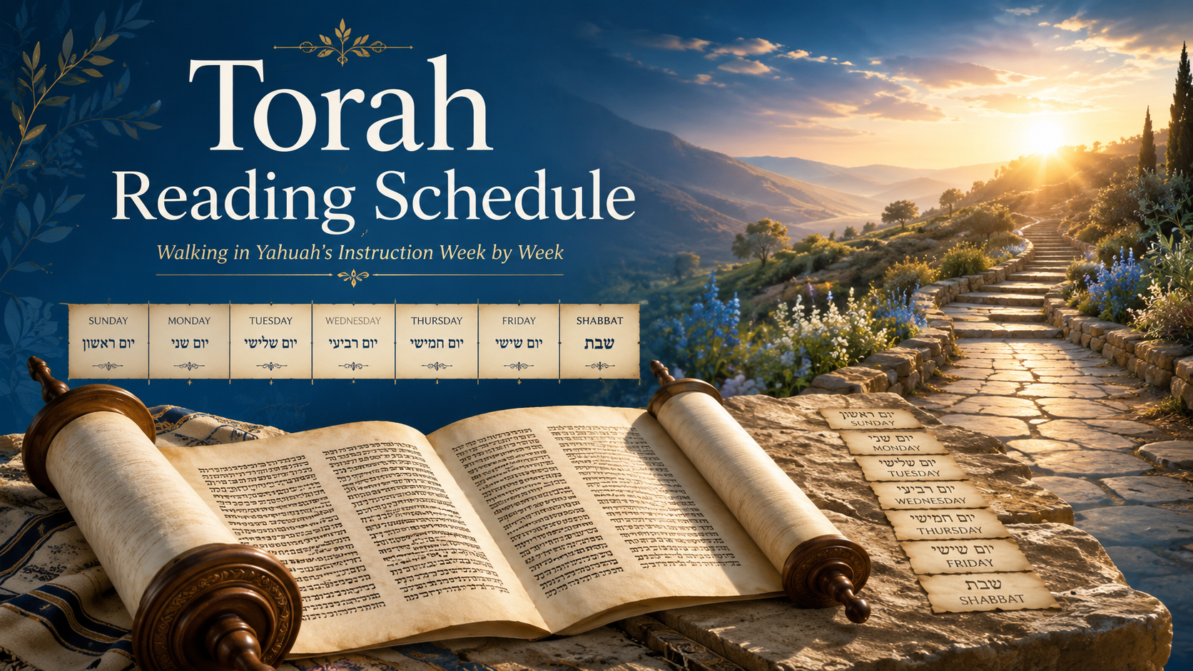 Torah reading schedule page banner featuring an open Torah scroll, weekly parchment schedule, Hebrew day names, and a peaceful sunrise path symbolizing walking in Yahuah’s instruction week by week.