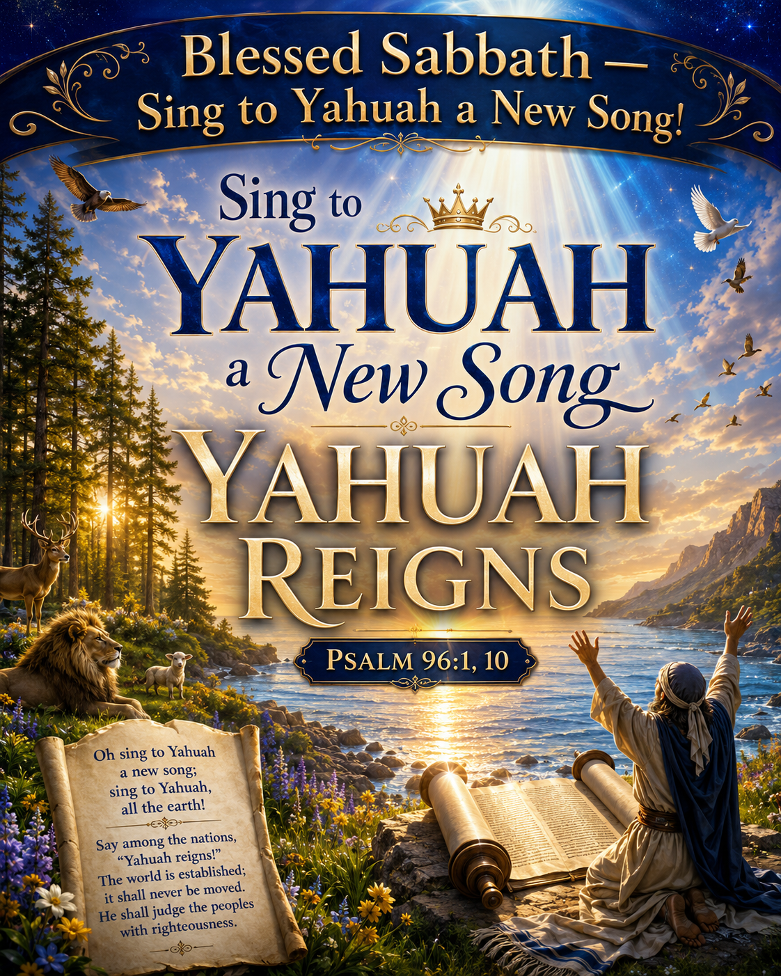 Joyful Sabbath sunrise scene with a worshiper praising beside an open scroll near a shining sea, with forest trees, fields, silver-gold light, and creation rejoicing before Yahuah. Text reads “Sing to Yahuah a New Song” and “Yahuah Reigns,” inspired by Psalm 96:1, 10.