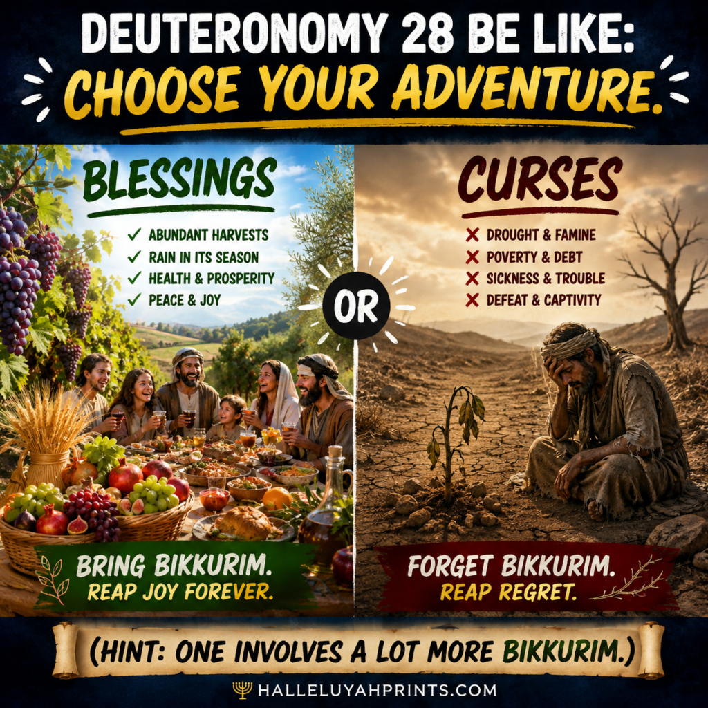 Deuteronomy 28 meme comparing blessings and curses, showing abundant harvest and joyful family feast versus drought, poverty, and hardship, with a reminder about bringing bikkurim and choosing obedience to Yahuah.