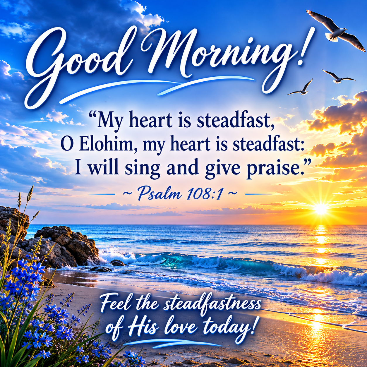 Good Morning devotional graphic featuring a peaceful ocean sunrise with blue and golden skies, Psalm 108:1 scripture, and a message about the steadfast love of Elohim.